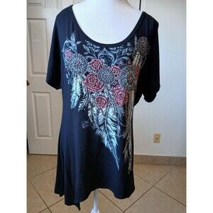 Womans Top Pullover‎ Black Dream Catcher Feathers Rhinestones 1X Goth Rock Moto